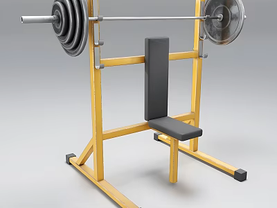 Wooden Weight Bench Press Rack With Black Padded Backrest Barbell And Weight Plates 3d model