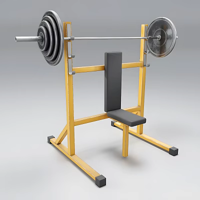 Wooden Weight Bench Press Rack With Black Padded Backrest Barbell And Weight Plates 3d model