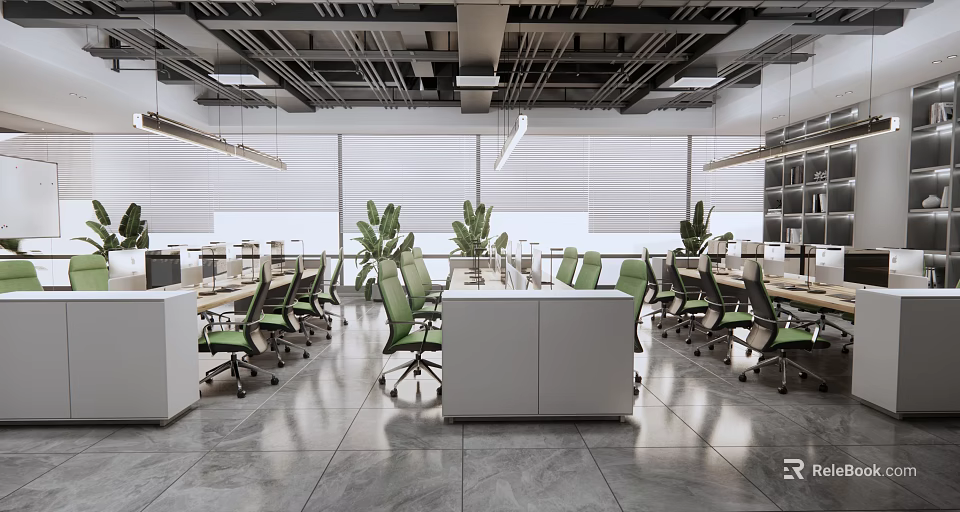 Modern Spacious Public Office Space With Green Chairs White Desks Large Windows And Indoor Plants 3d model 