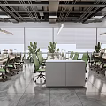 Modern Spacious Public Office Space With Green Chairs White Desks Large Windows And Indoor Plants