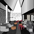 Modern Hotel Public Lounge With Comfortable Sofas Colorful Chairs Brick Wall And Patterned Flooring 3d model