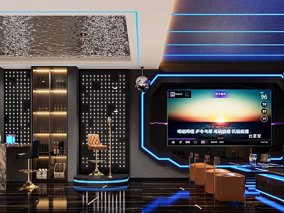 Modern KTV Interior With Blue Neon Lights Large Screen Brown Seats And Bar Counter 3d model