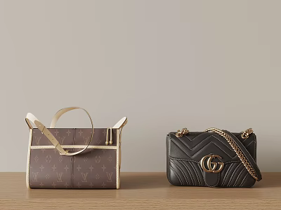Brown Louis Vuitton Tote And Black Gucci Chain Bags On Wooden Table 3d model