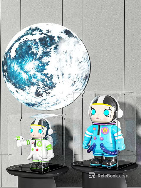 Astronaut Themed Dolls In Transparent Display Boxes With Planet Backdrop 3d model