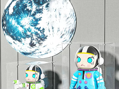 Astronaut Themed Dolls In Transparent Display Boxes With Planet Backdrop 3d model