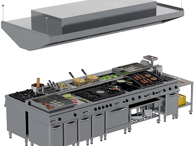 Commercial Kitchen Cooking Station With Multiple Burners Range Hood And Cabinets 3d model