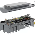 Commercial Kitchen Cooking Station With Multiple Burners Range Hood And Cabinets