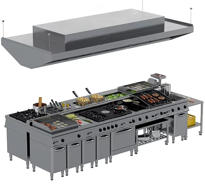 Commercial Kitchen Cooking Station With Multiple Burners Range Hood And Cabinets 3d model