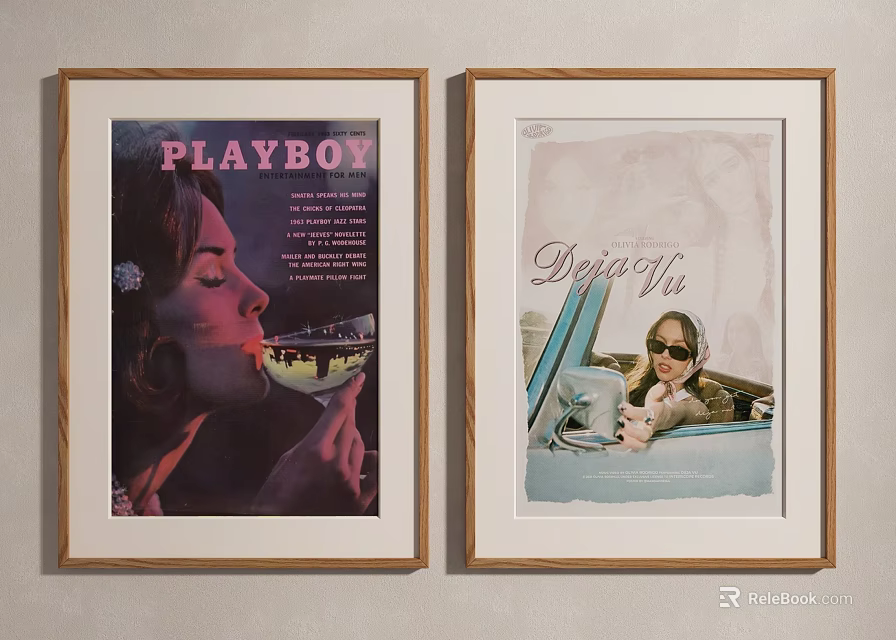Framed Portrait Paintings With Playboy Cover And Vintage Fifties Car Scene On Wall 3d model 