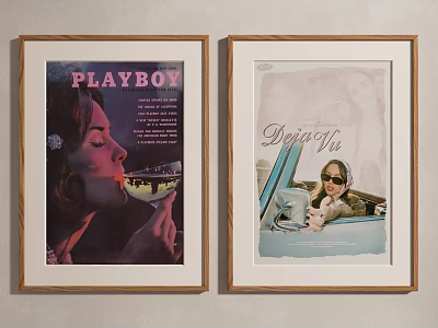 Framed Portrait Paintings With Playboy Cover And Vintage Fifties Car Scene On Wall 3d model