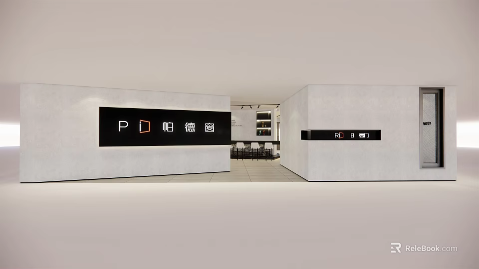 Modern Interior Design Of Showroom With White Walls And Black Logo Signage 3d model 