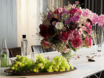 Vibrant Mixed Flowers In Glass Vase With Green Grapes On Tray And Wooden Wall Background 3d model