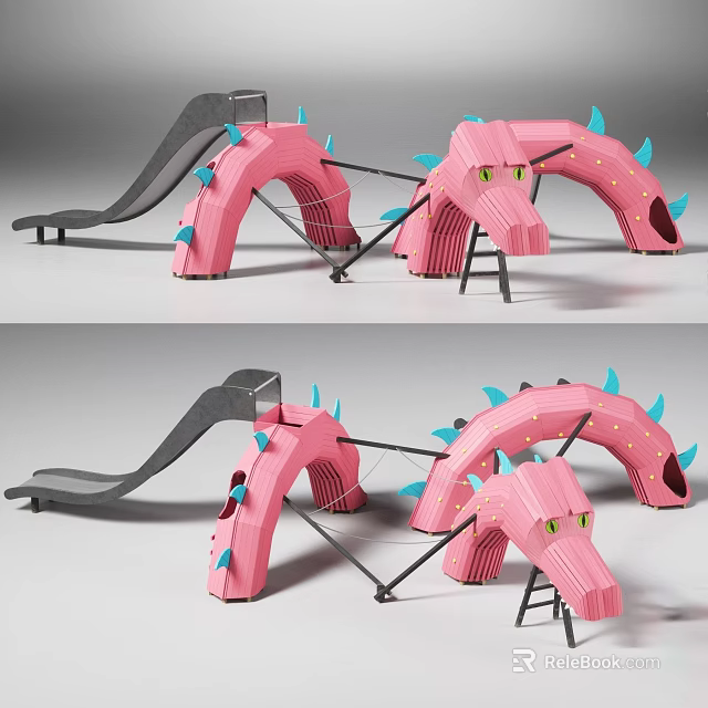 Pink Dinosaur Shaped Playground Equipment with Blue Spikes and Gray Slide 3d model 