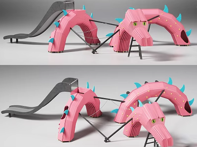 Pink Dinosaur Shaped Playground Equipment with Blue Spikes and Gray Slide 3d model