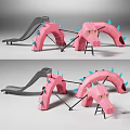 Pink Dinosaur Shaped Playground Equipment with Blue Spikes and Gray Slide