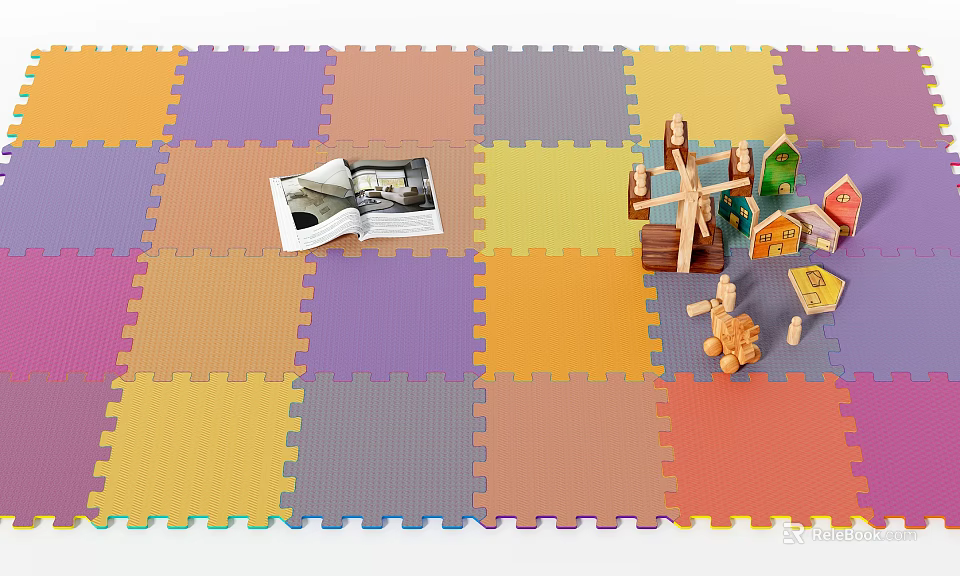 Colorful Interlocking Foam Play Mat With Open Book Wooden Windmill Toy And Little Dolls 3d model 