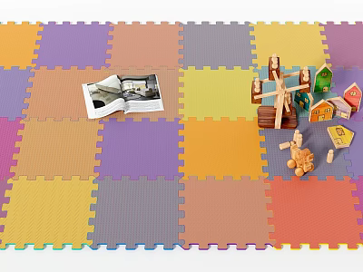 Colorful Interlocking Foam Play Mat With Open Book Wooden Windmill Toy And Little Dolls 3d model