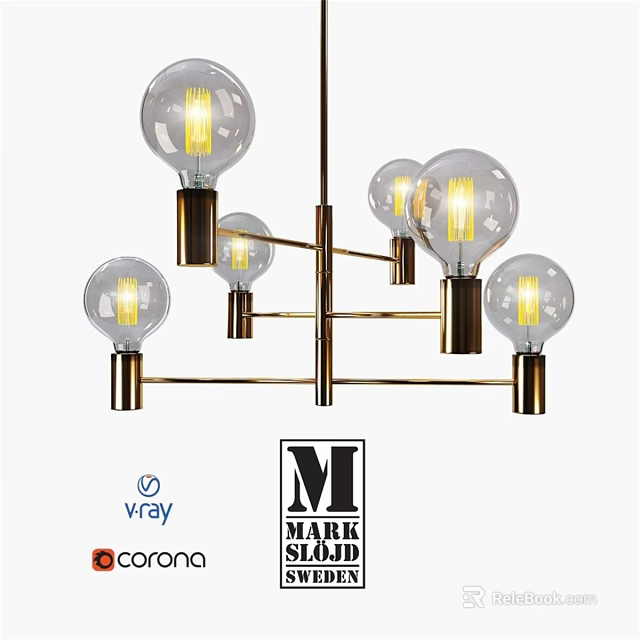 Modern Chandelier Design With Glass Bulbs And Brass Metal Frame Illuminated Lights 3d model 