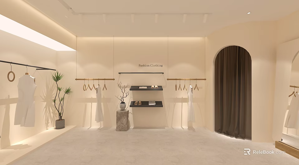 Elegant Clothing Store Interior Design With Minimalist Racks Display Shelves Decorative Plants And Soft Lighting 3d model 