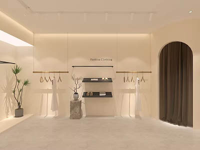 Elegant Clothing Store Interior Design With Minimalist Racks Display Shelves Decorative Plants And Soft Lighting 3d model