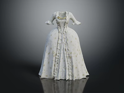 Elegant Vintage White Dress With Short Sleeves Floral Pattern Ruffles And Full Skirt Design 3d model