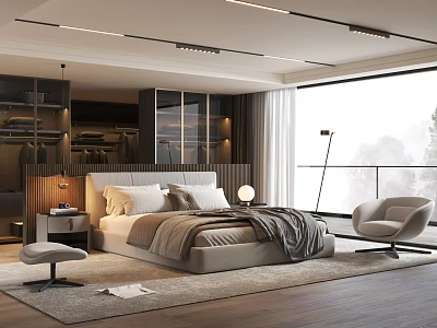 Modern Bedroom Interior With Comfortable Bed Nightstand Accent Chair And Large Window 3d model