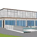 Modern Glass Curtain Wall Residential Building With Green Lawn And Urban Backdrop At Dusk