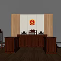 Courtroom Interior With Wooden Judge Bench Tables Chairs And Emblem On Wall