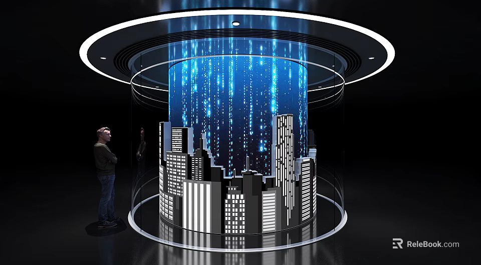 Interactive Computer Display Featuring Blue Data Streams Modern City Model In Transparent Circular Setup 3d model 