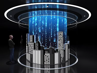Interactive Computer Display Featuring Blue Data Streams Modern City Model In Transparent Circular Setup 3d model