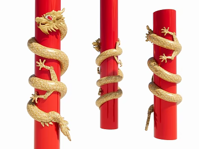 Red Columns Ornate With Golden Dragon Sculptures Wrapping Around Detailed Design 3d model