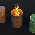 Burning Barrel With Flames Between Rusty And Green Metal Barrels