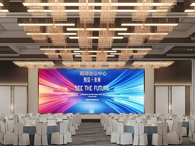 Banquet Hall with Large LED Screen Chandeliers and Arranged Tables and Chairs for Events 3d model
