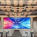Banquet Hall with Large LED Screen Chandeliers and Arranged Tables and Chairs for Events