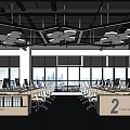 Modern Public Office Space Interior With Large Windows City View And Computer Workstations 3d model