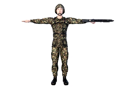 Man In Military Camouflage Uniform Wearing Helmet Holding Rifle With Arms Outstretched 3d model