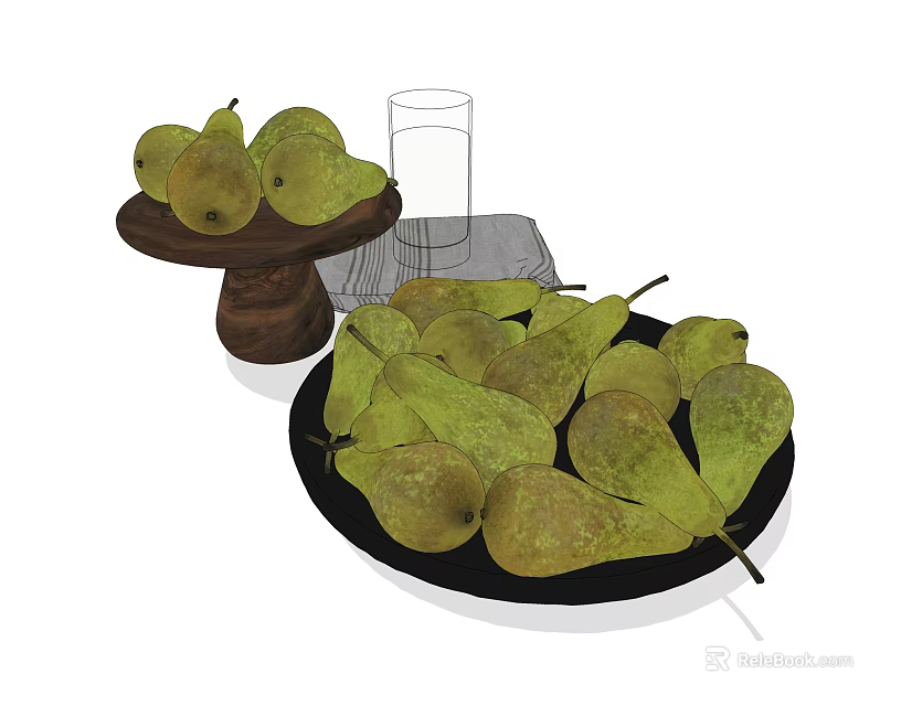 Fresh Green Pears Arranged On Black Plate With Wooden Stand And Glass 3d model 