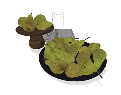 Fresh Green Pears Arranged On Black Plate With Wooden Stand And Glass 3d model Fresh Green Pears Arranged On Black Plate With Wooden Stand And Glass 3d model