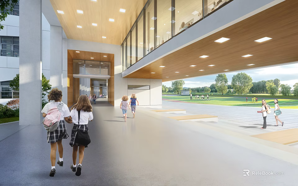 Modern School Interior Corridor With Students And Green Outdoor Space 3d model