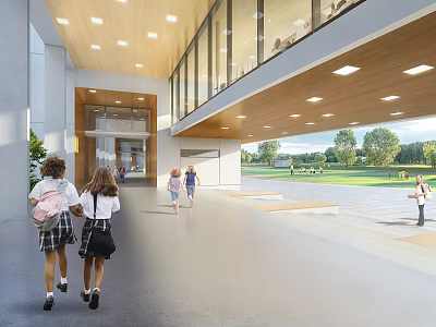 Modern School Interior Corridor With Students And Green Outdoor Space 3d model