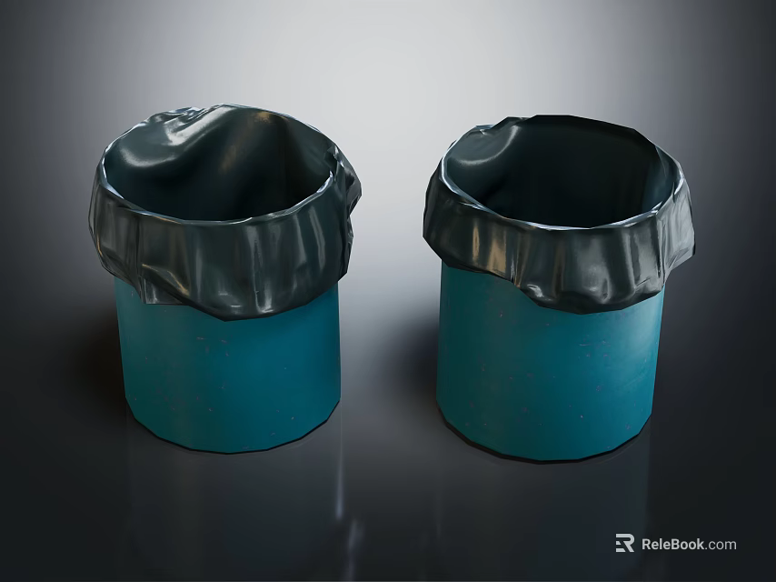 Two Blue Waste Equipment Containers With Black Trash Bag Liners 3d model 