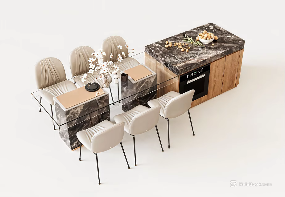Modern Dining Table Set With Marble Top Wooden Base Beige Chairs And Decorative Flowers 3d model 