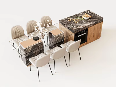 Modern Dining Table Set With Marble Top Wooden Base Beige Chairs And Decorative Flowers 3d model