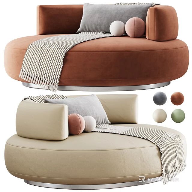 Modern Soft Round Velvet Leisure Chair With Decorative Pillows And Striped Throw Blanket Multiple Colors 3d model 