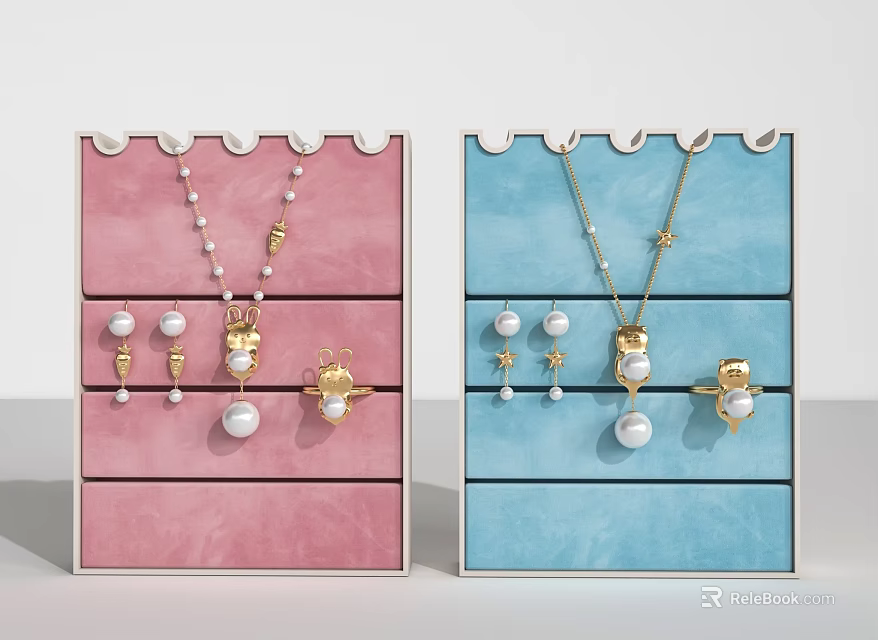 Delicate Pearl Gold Jewelry Collection With Necklaces Earrings Rings On Pink Blue Trays 3d model 