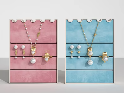 Delicate Pearl Gold Jewelry Collection With Necklaces Earrings Rings On Pink Blue Trays 3d model