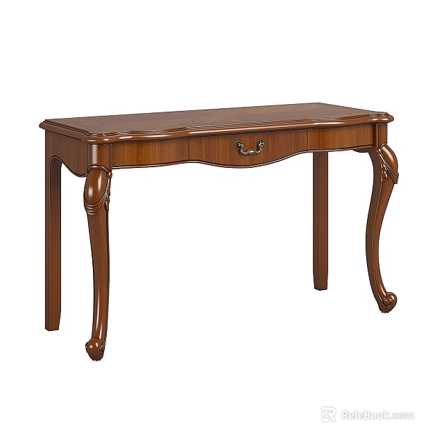 Elegant Traditional Brown Wooden Desk With Carved Legs And Single Drawer 3d model 