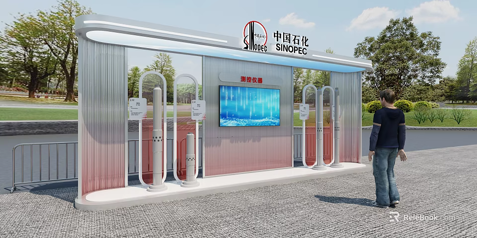 SINOPEC Tobacco And Alcohol Store With Modern Exterior Digital Screen Fuel Dispensers And Customer 3d model 