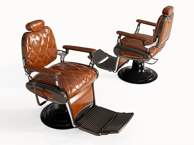 Two Stylish Brown Leather Barber Chairs With Quilted Stitching Black Base And Footrest 3d model