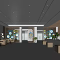 Modern Hotel Public Lounge Interior With Comfortable Chairs Wooden Wall Decor And Green Plants